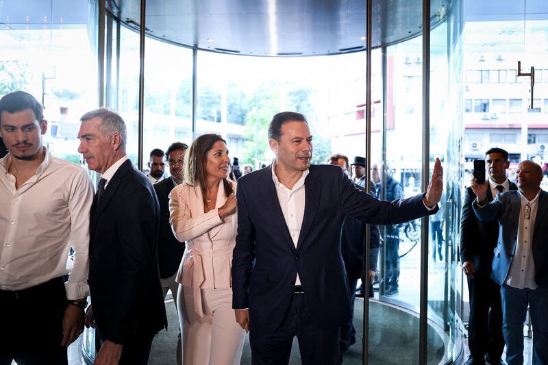 Democratic Alliance leader and prime minister of Portugal, Luis Montenegro, arrives for the election night count with his wife Carla Montenegro in Lisbon on Sunday. Photograph: Filipe Amorim/AFP via Getty Images