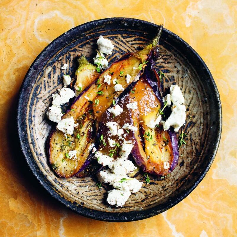 Nigel Slater’s aubergine, honey, sheep’s cheese. Photograph: Jonathan Lovekin/HarperCollins