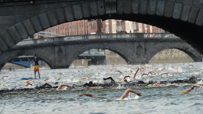 The 2.2km Liffey Swim began at Rory O’More Bridge and finished at North Wall Quay in front of the Custom House. Photograph: Dara Mac Donaill/The Irish Times.