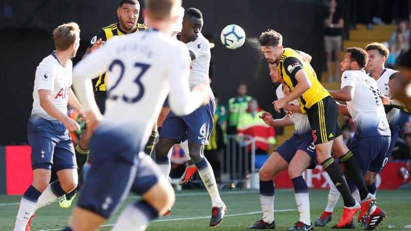 Watford’s Craig Cathcart scores their second goal. Photo: David Klein/Reuters