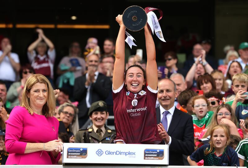 Galway Captain Lisa Casserly lifts the Kay McGrath Cup. Photograph: Bryan Keane/Inpho