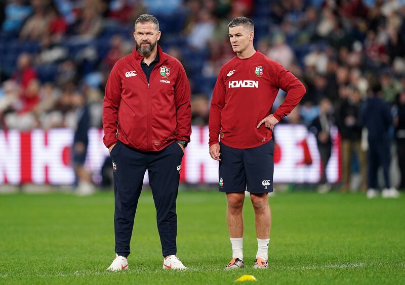 British and Irish Lions head coach Andy Farrell, left, and assistant coach Johnny Sexton before Saturday's Lions match against Waratahs in Sydney. Photograph: Robbie Stephenson/PA