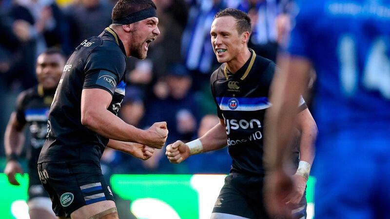 Charlie Ewels celebrates Bath’s opening score against Leinster. Tommy Dickson/Inpho