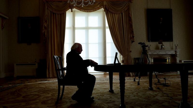 President Michael D Higgins being interviewed remotely by Fintan O’Toole at Áras an Uachtaráin. Photograph: Maxwell