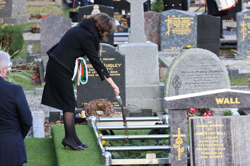 Finola Bruton, John Bruton's wife, at the graveside during the State funeral for the former taoiseach. Photograph: Dara Mac Dónaill/The Irish Times