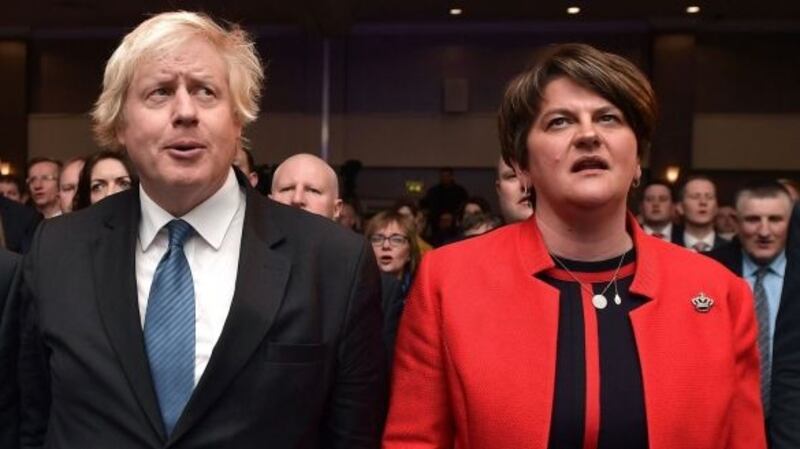 Conservative MP Boris Johnson and DUP leader Arlene Foster at the DUP annual conference in Belfast in 2019. Photograph: Charles McQuillan/ Getty Images