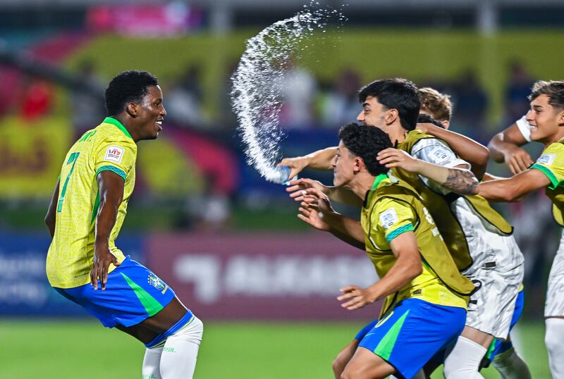 Ruan Pablo of Brazil celebrates with teammates after scoring against Indonesia in the Fifa Under-17 World Cup group match against Indonesia in Doha, Qatar. Photograph: Noushad Thekkayil/NurPhoto via Getty Images