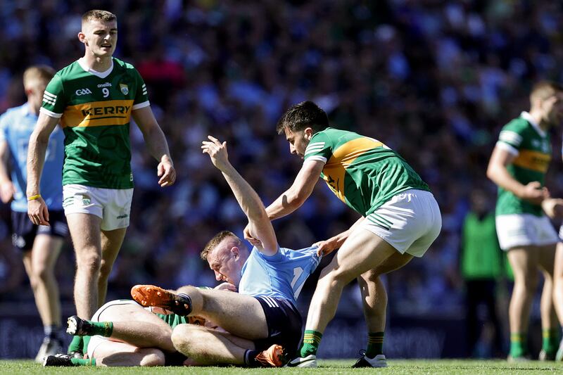 Tempers flare between Dublin's Paddy Small and Tom O’Sullivan and Brian O Beaglaioch of Kerry. Kerry brought a physicality early on which seemed to disrupt and surprise Dublin. Photograph: Laszlo Geczo/Inpho
