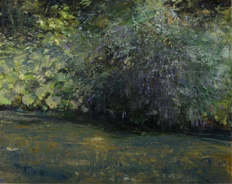 Donald Teskey, Riverbank with Buddleja (Oil on canvas, 2017)