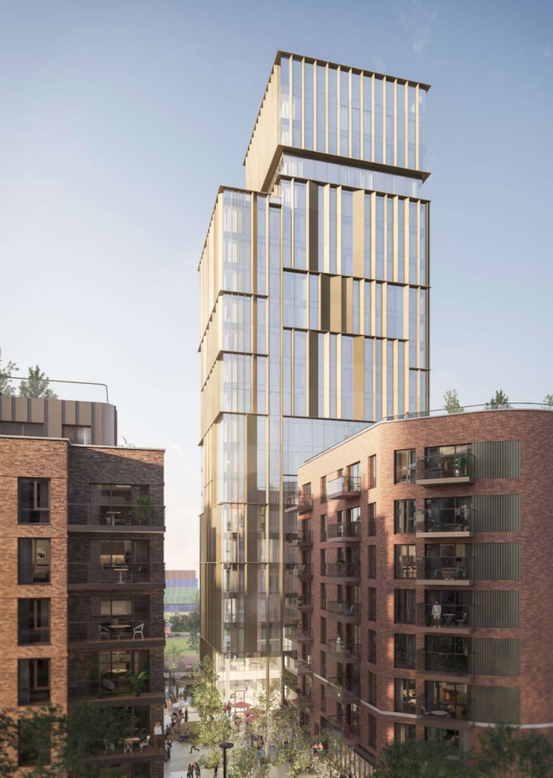 An artist's impression of the 20-storey hotel development at the former Irish glass bottle site in Poolbeg.