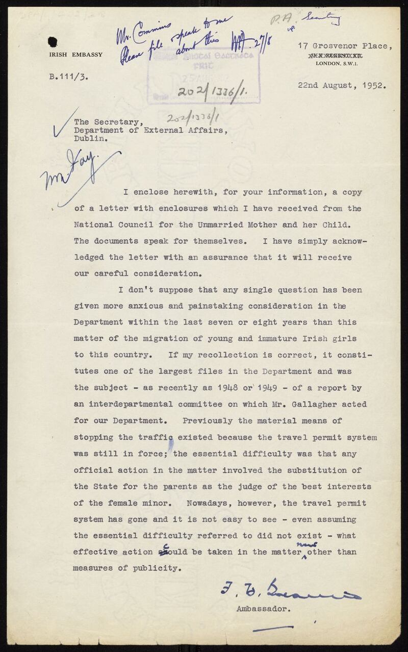 The emigration of young Irish women to post-war Britain a major concern for the Irish embassy in London, as illustrated by this 1952 letter signed by Ambassador Frederick Boland. Photograph: National Archives of Ireland