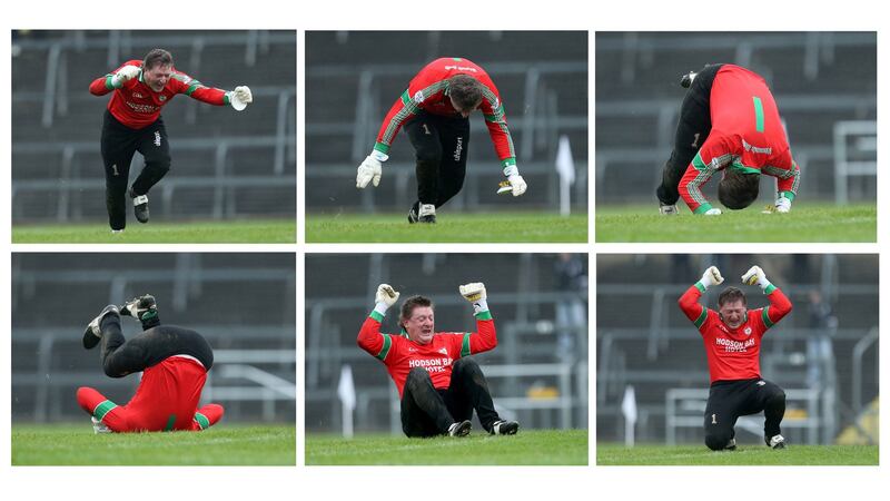 St Brigid’s goalkeeper Shane Curran celebrates after his side scored a late goal in the Connacht club senior football final in 2014. Photograph: James Crombie/Inpho