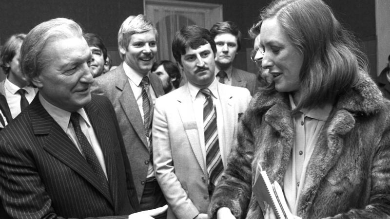 Charlie Haughey greets Geraldine Kennedy, political correspondent of the Sunday Press, at the Fianna Fáil Ardfheis in 1983. The vote to insert the Eighth Amendment into the Constitution was held later that year. Photograph: Jack McManus