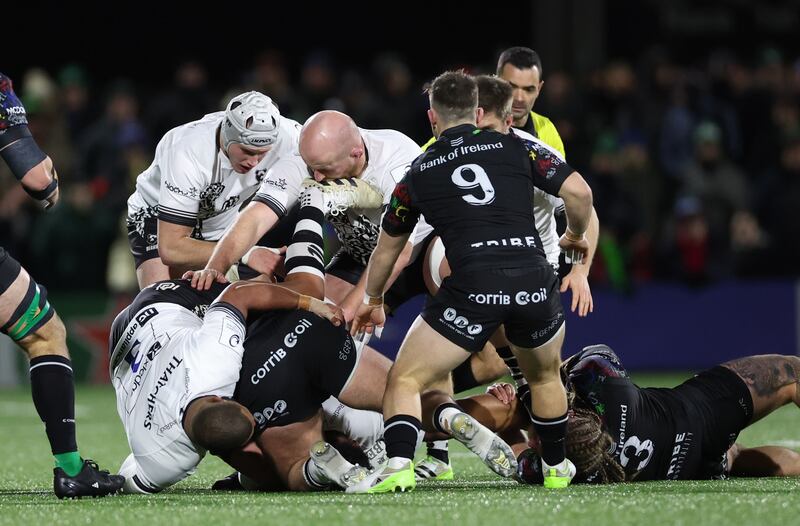 The incident in which Bristol’s Josh Caulfield catches Finlay Bealham of Connacht on the head during which led to the referee issuing a red card at the Dexcom Stadium. Photograph: James Crombie/Inpho 