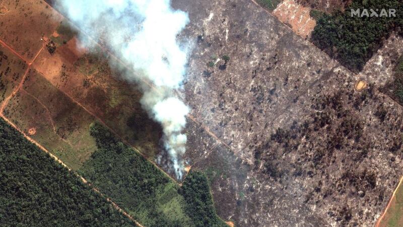 A satellite image shows smoke rising from Amazon rainforest fires in the state of Rondonia, just southwest of Porto Velho, Brazil in the upper Amazon River basin. Photograph:  ©2019 Maxar Technologies/via Reuters