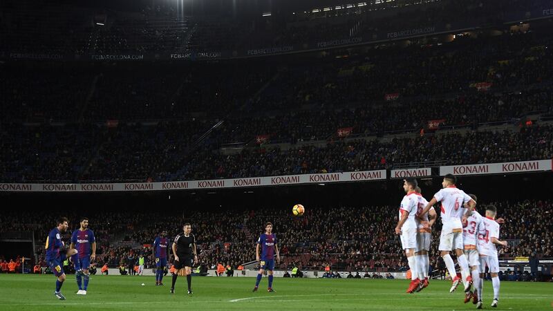 Lionel Messi scores  Barcelona’s winning goal from a free kick against Alaves at Camp Nou. Photograph: David Ramos/Getty Images.