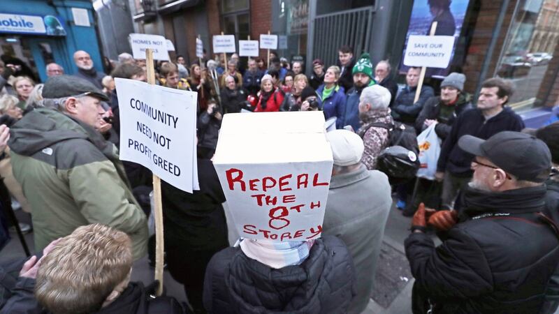 Local residents demonstrate at the site of a proposed new high rise hotel on Vicar Street in Dublin. Photograph: PA