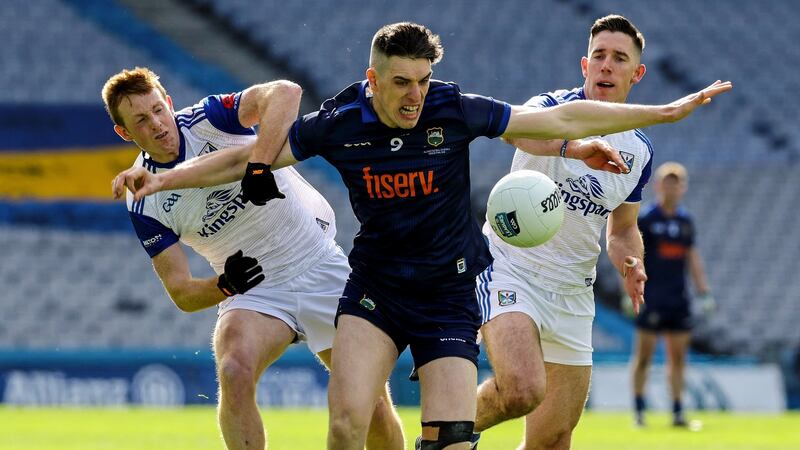 Cavan’s Jason McLoughlin and Killian Brady tackle Mark Russell of Tipperary during the Allianz Football League Division Four Final at  Croke Park. Photograph: Lorraine O’Sullivan/Inpho