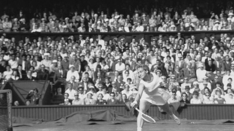 Darlene Hard of the United States during the Women’s Singles Quarter Final match at Wimbledon in June 1960. Photograph: Douglas Miller/Keystone/ Hulton Archive/Getty