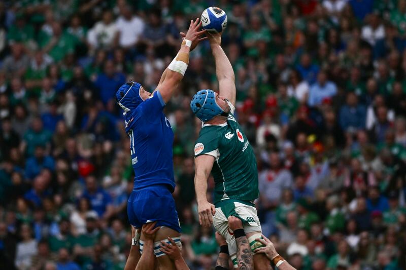 Ireland lock Tadhg Beirne and Italy number 8 Ross Vintcent reach for the ball in a lineout during Six Nations at Stadio Olimpico in Rome on March 15th, which Ireland won. Photograph: Filippo Monteforte/Getty Images          