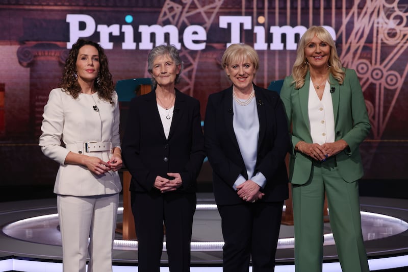 Catherine Connolly and Heather Humphreys with Miriam O’Callaghan and Sarah McInerney in the Prime Time  studio. Photograph: Bryan O’Brien