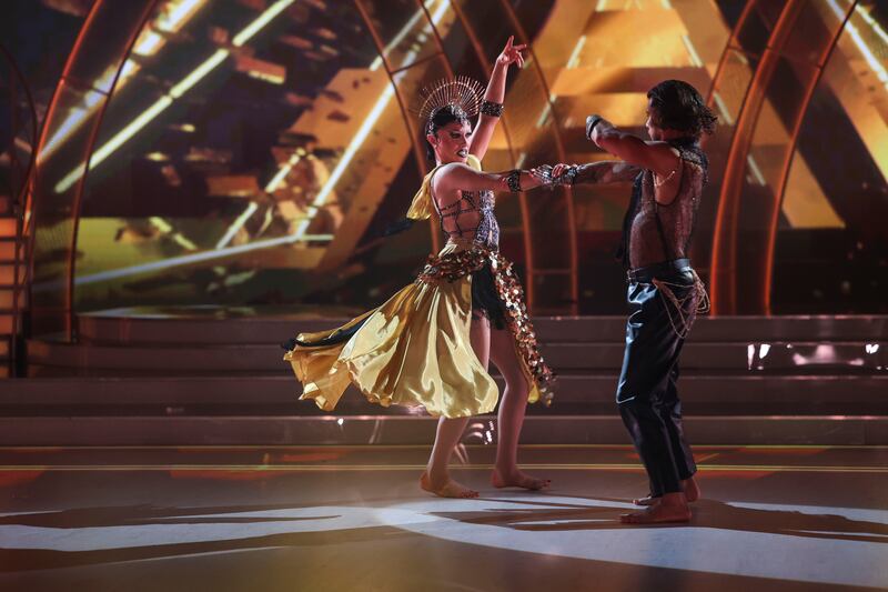 Blu Hydrangea and pro dabcer Simone Arena during Dancing with the Stars. Photograph: Kyran O’Brien/kobpix 