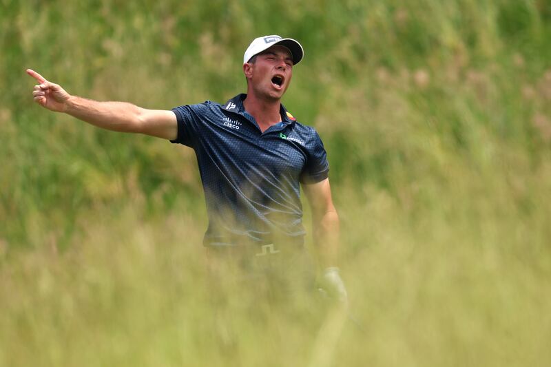 Norway's Viktor Hovland reacts to his shot from the seventh tee during the second round of the US Open. Photograph: Patrick Smith/Getty Images