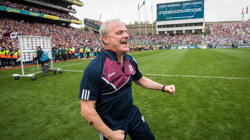 Micheál Donoghue celebrates as Galway beat Waterford in the 2017 All-Ireland Senior Hurling Championship final at  Croke Park. Photograph: Ryan Byrne/Inpho