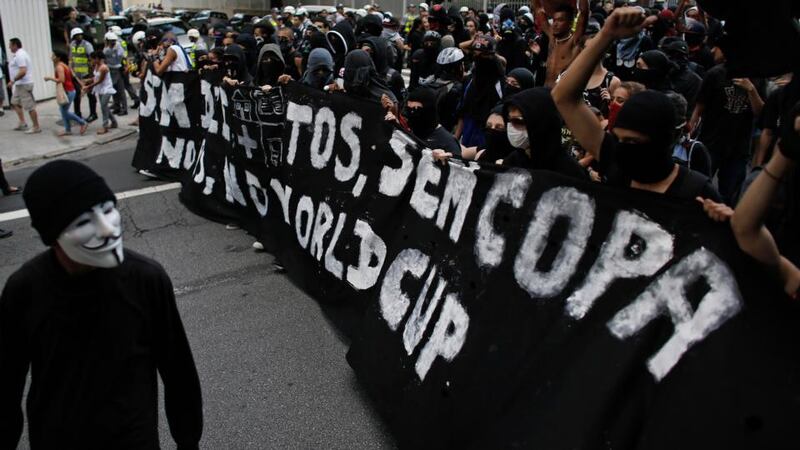 Demonstrators hold a banner that reads “There will be no World Cup” during a protest against the 2014 World Cup in Sao Paulo January 25, 2014.  Photograph: Nacho Doce/Reuters