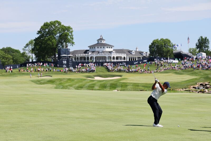 Tiger Woods plays a shot on the 18th hole during a practice round prior to the 2024 US PGA Championship at Valhalla Golf Club. Photograph: Andy Lyons/Getty Images