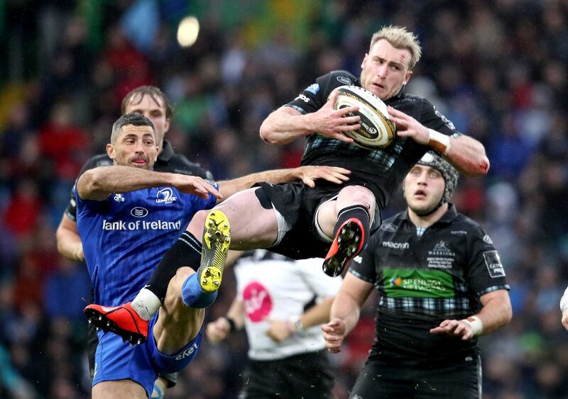 Leinster’s Rob Kearney tackles Glasgow Warriors’ Stuart Hogg resulting in a yellow card. Photograph: Dan Sheridan/Inpho