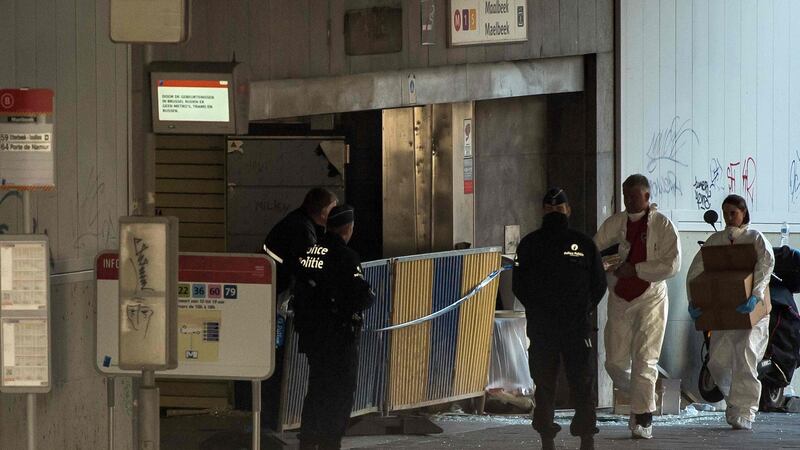 Forensic policemen arrive at the Maelbeek subway station, in Brussels, yesterday after a series of apparently coordinated explosions. Photograph:  Philippe Guguen/AFP/Getty