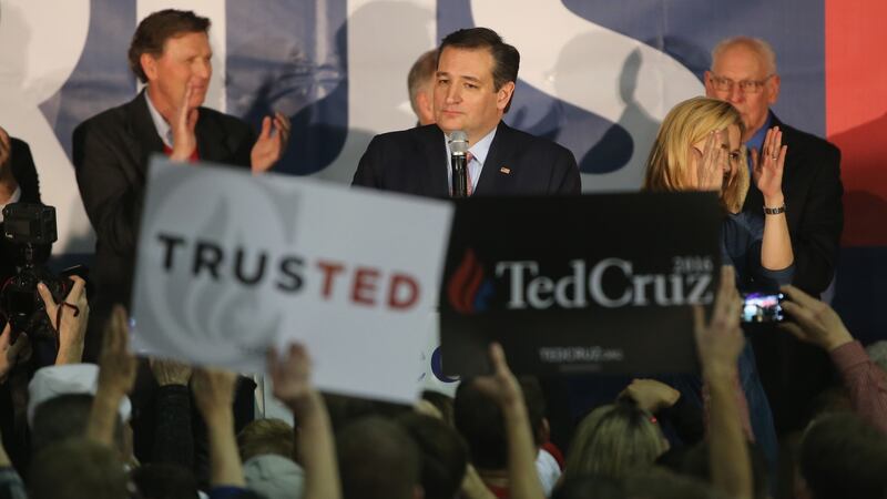 Republican presidential candidate Ted Cruz  with his wife Heidi after  beating frontrunner Donald Trump and Marco Rubio to win the Iowa caucuses. Photograph: Christopher Furlong/Getty Images