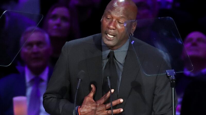Former basketball player Michael Jordan speaks during a public memorial at the Staples Center in Los Angeles for  Kobe Bryant, his daughter Gianna and seven others killed in a helicopter crash on January 26th. Photograph: Lucy Nicholson/Reuters.