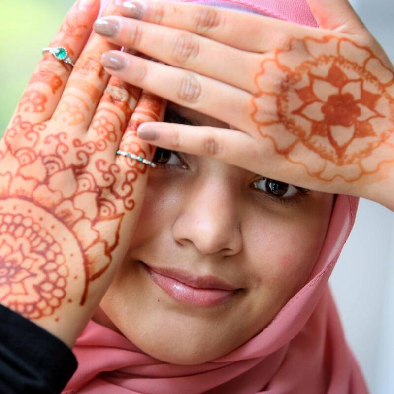 Zahra Syed (13) showing the henna body art she created with her sister at Airfield Estate for the launch of Creative Ireland’s Cruinniú na nÓg 2021. Photograph: Mark Stedman