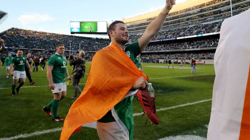 “A memory I’ll cherish is being in Soldier’s Field, Chicago with David when Ireland beat New Zealand.”  Robbie Henshaw celebrates victory after the game.  Photograph: Dan Sheridan/Inpho