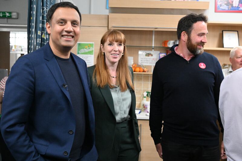 Scottish Labour leader Anas Sarwar and deputy Labour leader Angela Rayner with local parliamentary candidate Gregor Poynton at Broxburn Family and Community development centre in Livingston at the weekend. Photograph: Andy Buchanan/PA Wire