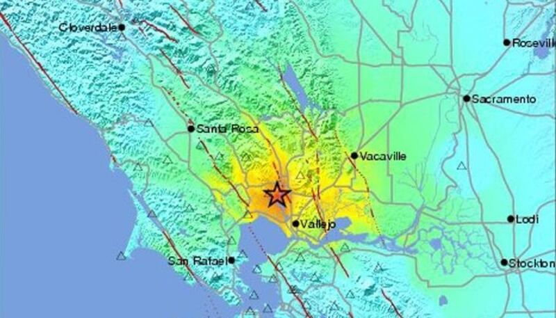 Map released by the US Geological Survey showing the area of the 6.0 magnitude earthquake that hit 6km north west of American Canyon in California. Photograph: EPA