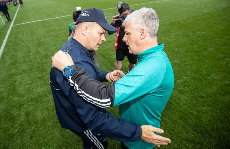 Dublin manager Dessie Farrell and manager Kevin McStay of Mayo after the game. Photograph: Evan Treacy/Inpho 