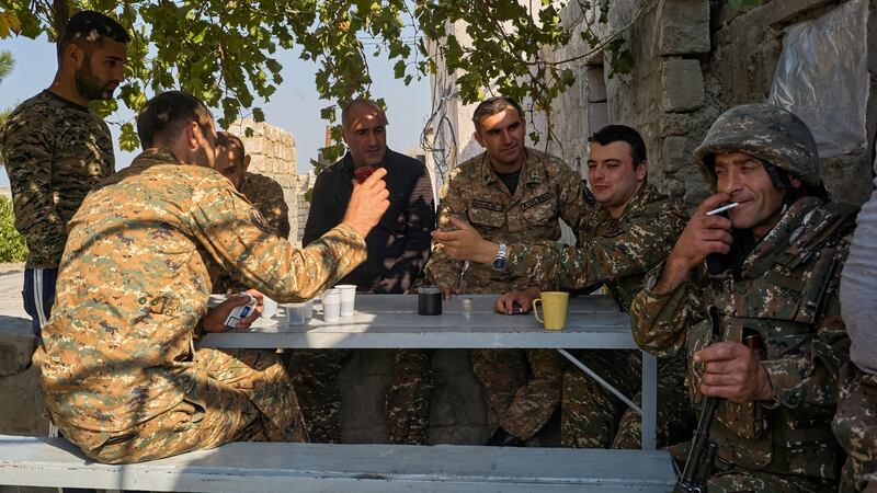 Armenian soldiers near Aghdam: The Armenians won’t give this land up easily and the Azeris who were displaced in the 1990s won’t stop trying to come back. Photograph: Alex McBride/Getty