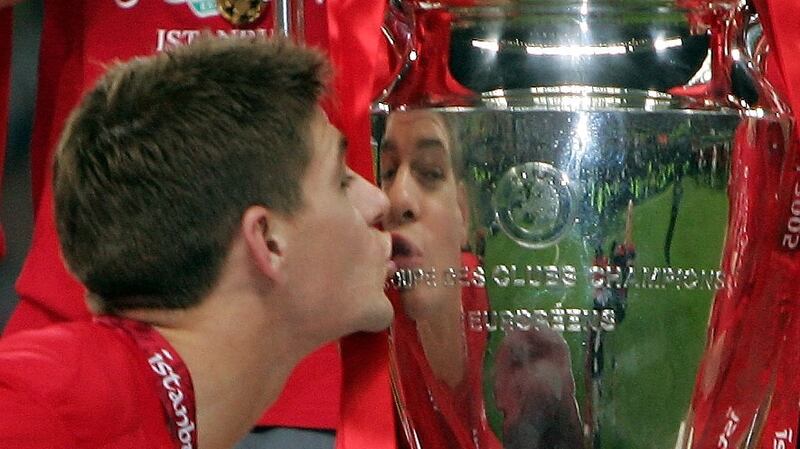 Liverpool captain Steven Gerrard kisses the European Cup after Liverpool’s victory over AC Milan  in Istanbul in May 2005. Photograph:  Alex Livesey/Getty Images