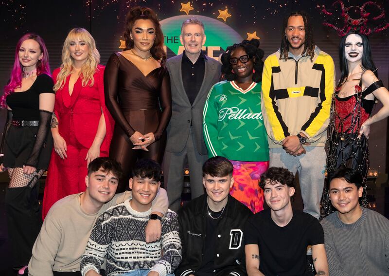 Pictured are candidates for The Late Late Show's Eurosong event, with Erica-Cody (third left, back row), seeking to represent Ireland at the 2024 Eurovision Song Contest. Bambie Thug, the eventual winner, is at right, back row. Photograph: Colin Keegan/Collins Dublin