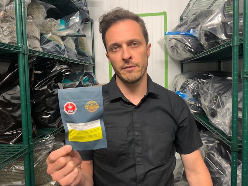 In the secure room, a packet of cannabis flowers ready for delivery to the retailer. Matt Trépanier of Sweetgrass Cannabis at the company’s growing and processing facility near Nelson in British Columbia.
