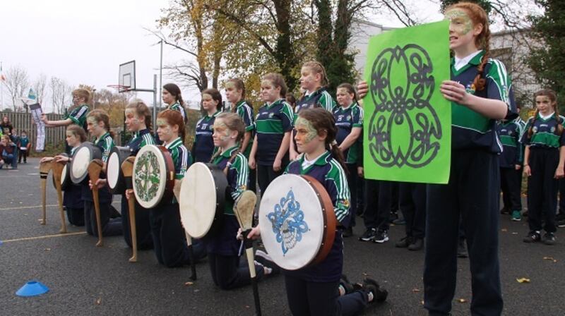 Children from Gaelscoil Eiscir Riada, Lucan, paid tribute to  Anthony Foley during their performance for the All Blacks rugby team. Photograph courtesy of Gaelscoil Eiscir Riada.