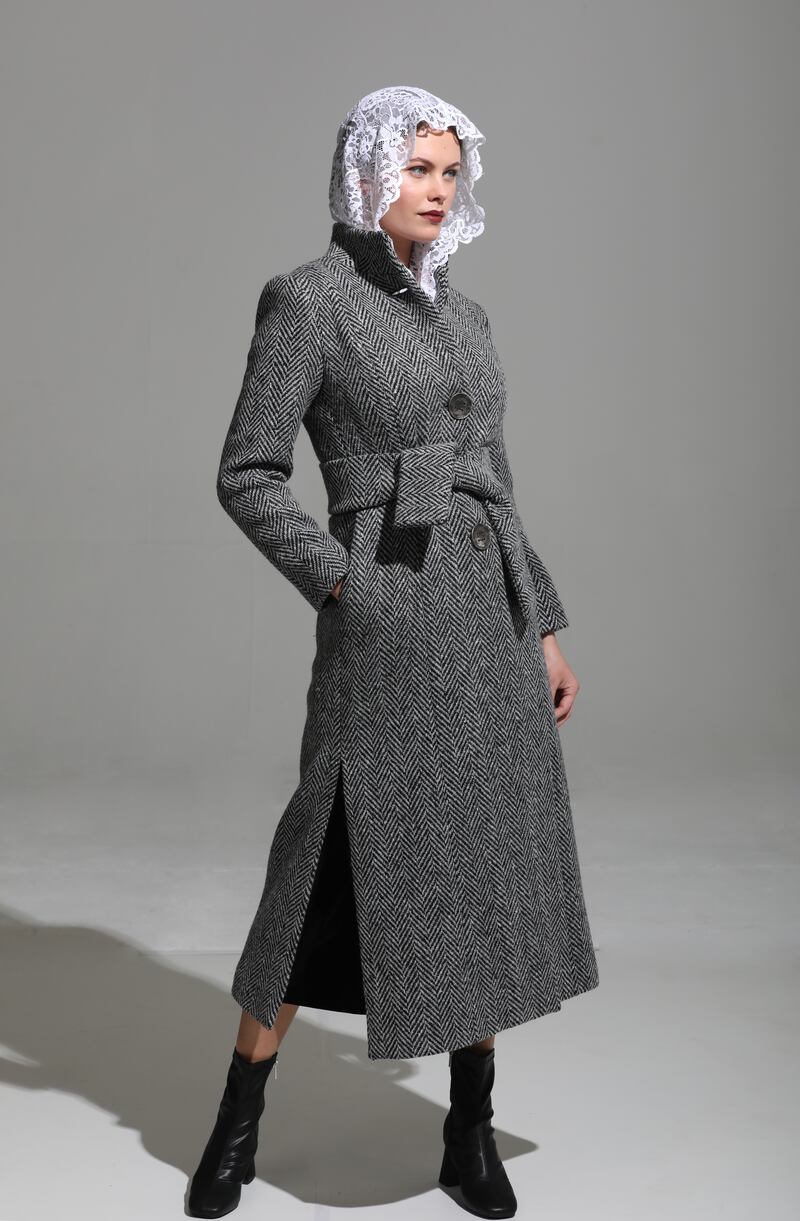 Silvia Ortega: Donegal herringbone tweed coat (€670), cotton lace hoodie (€260) and cotton velvet high-waisted culottes (€240)