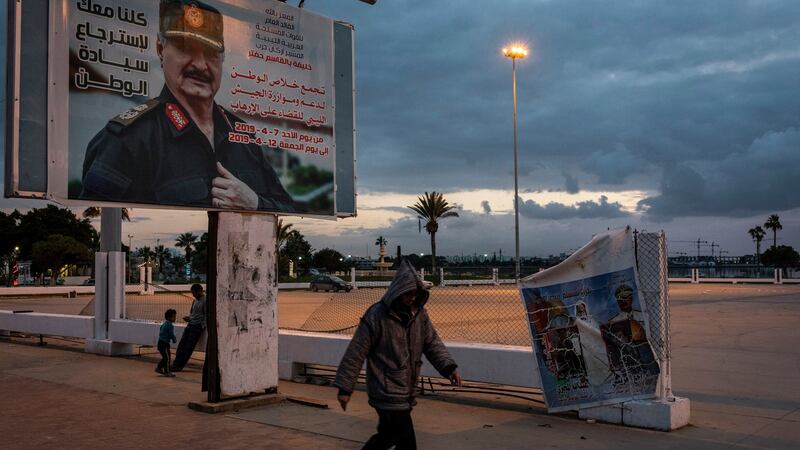 A billboard depicting General Khalifa Haftar, the commander of the Libyan National Army, in Benghazi. There have been no public outbursts against the former Libyan army general since this month's devastating floods in Derna. Photograph: Ivor Prickett/New York Times