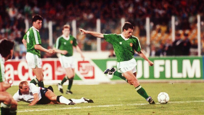 Kevin Sheedy scores against England during the 1990 World Cup in Cagliari. Photograph:   Billy Stickland/Inpho