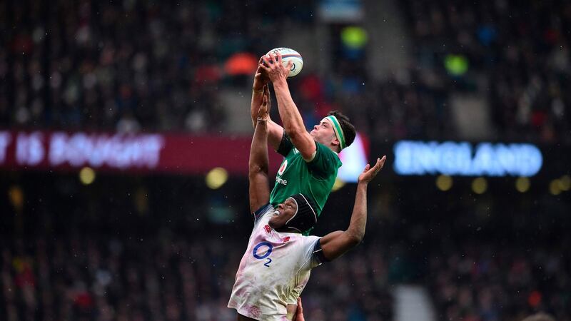 Ireland lock James Ryan   reaches above England lock Maro Itoje   during   at  Twickenham, in March 2018. Photograph: Getty Images
