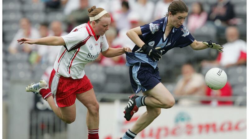 Dublin’s Sinéad Aherne in action against   Tyrone player Eimear Teague in the  All-Ireland Ladies Gaelic Football quater-final in 2005