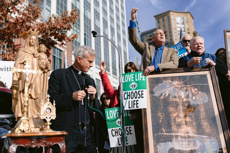 Texas Bishop Joseph Strickland speaks outside the US Conference of Catholic Bishops in Baltimore. Photograph: Wesley Lapointe/New York Times